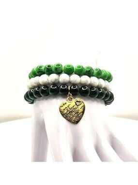 Green Beaded Charm Bracelet Set, Heart Charm Stretch Bracelets, Stackable Bracel